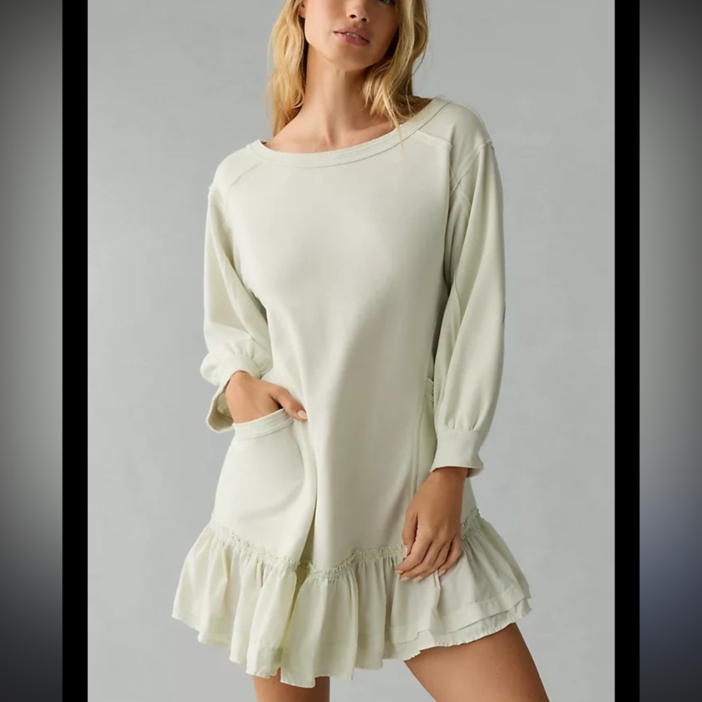 Anthropologie Cream Ruffle-Hem Mini Dress